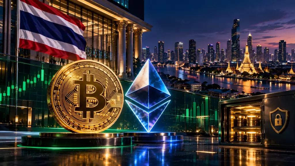 Bitcoin и Ethereum перед панорамой Бангкока, тайским флагом и защищённым хранилищем, символизирующие запуск правил для крипто-ETF в Таиланде